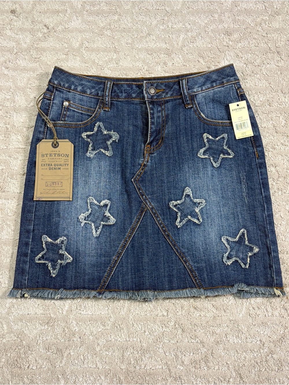 Stetson Denim Mini Skirt with Distressed Star Motifs - Blue